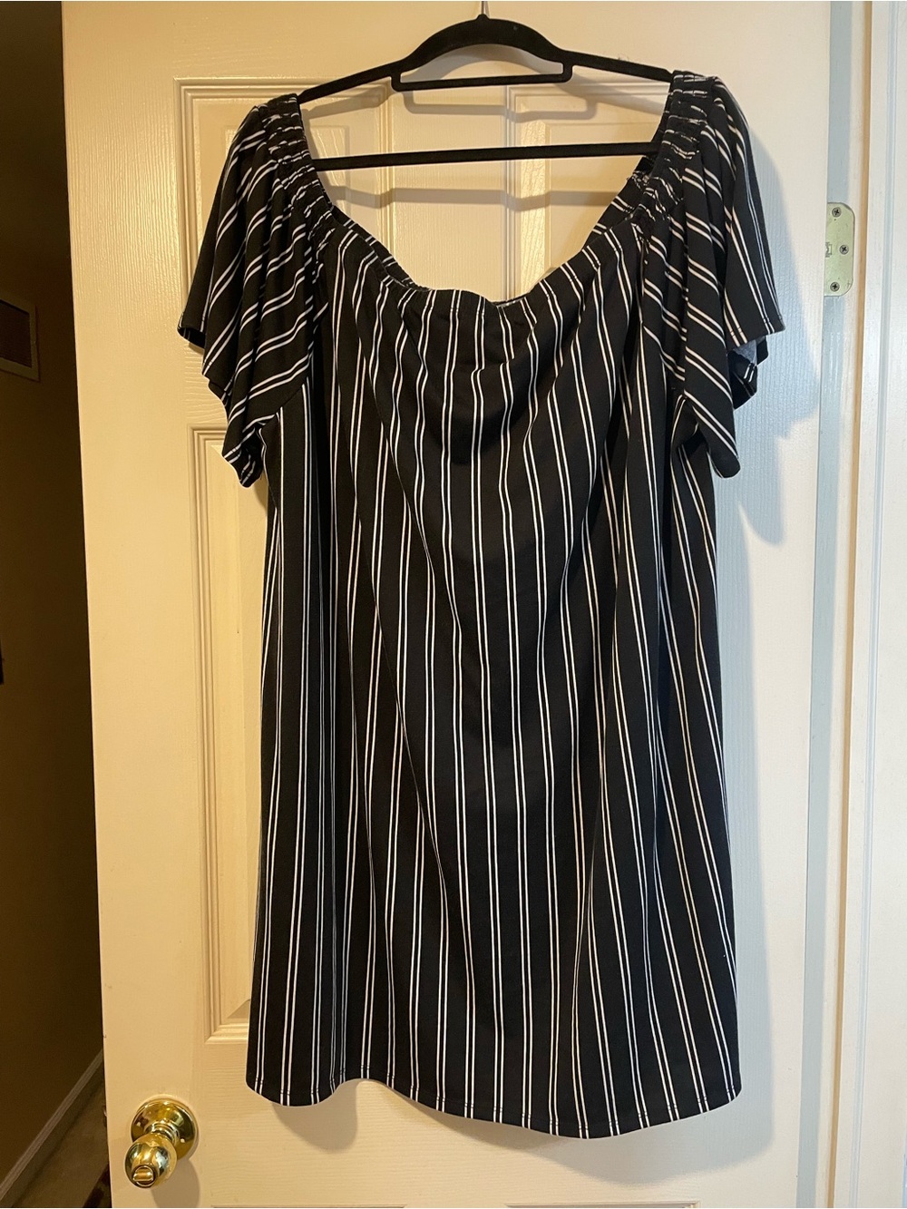 west loop Black and White Vertical Stripe Off-Shoulder Tunic.